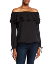 MICHAEL MICHAEL KORS OFF-THE-SHOULDER LONG-SLEEVE RUFFLE PEASANT TOP,PROD224020361