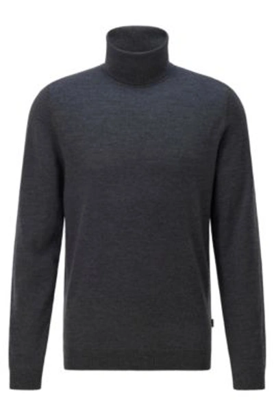 Hugo Boss Regular-fit Rollneck Sweater In Extra-fine Merino Wool- Grey Men's Sweaters Size L In Grey