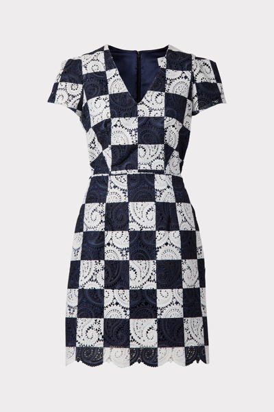 Milly Atalie Checkerboard Paisley Embroidered Minidress In Navy/ecru