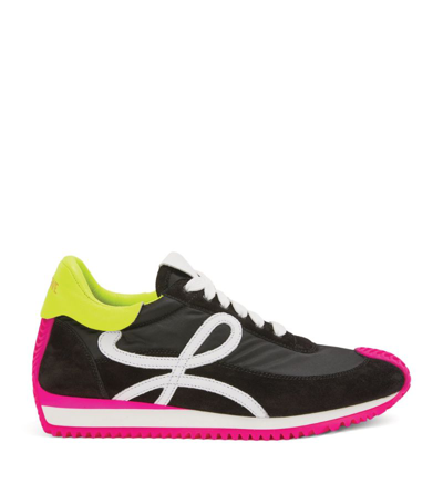 Loewe Flow Runner Sneakers In Suede Leather And Nylon In Black,yellow,fuchsia