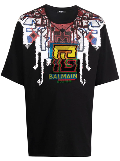 Balmain Oversized Cotton T-shirt With Logo Print In Black Multi