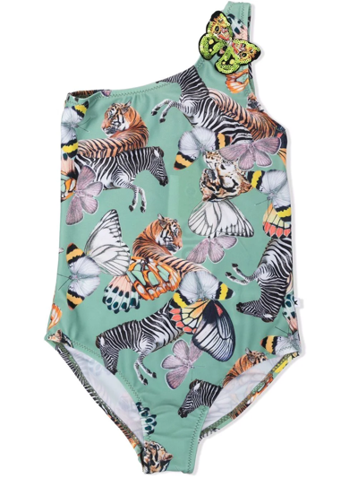 Molo Kids' Girl's Nai One-piece Swimsuit With Butterfly Applique In Green
