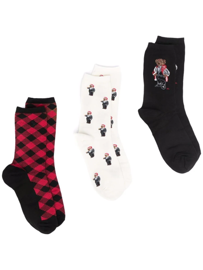 Polo Ralph Lauren Christmas-motif Three-pack Socks In Black
