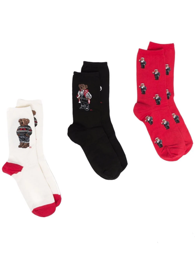 Polo Ralph Lauren Teddy Bear-motif Three-pack Socks In Black