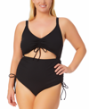 California Waves Trendy Plus Size Ribbed Cutout One-piece Swimsuit, Created For Macy's In Rich Black