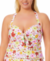 California Waves Trendy Plus Size Floral-print Molded-cup Tankini Top, Created For Macy's In Floral Flutter White Multi
