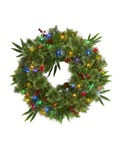 Nearly Natural Mixed Pine Artificial Christmas Wreath With 50 Led Lights, Berries And Pine Cones In Green