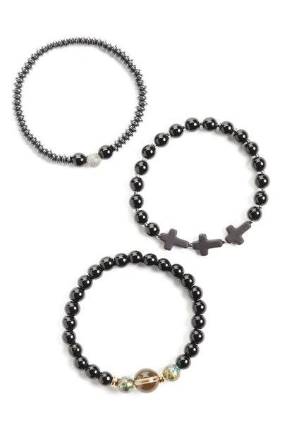 Nordstrom Set Of 3 Bead & Cross Bracelets In Black Mix