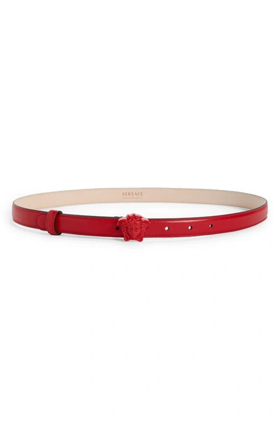 Versace Medusa Leather Skinny Belt In Scarlet-scarlet- Gold