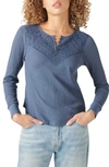 Lucky Brand Long Sleeve Waffle Lace Top In Night Shadow Blue