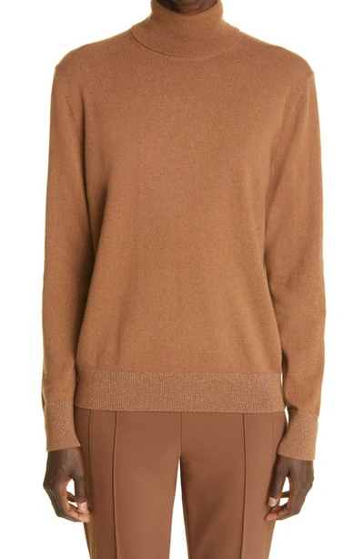 Lafayette 148 Metallic Trim Cashmere Turtleneck Sweater In Toffee