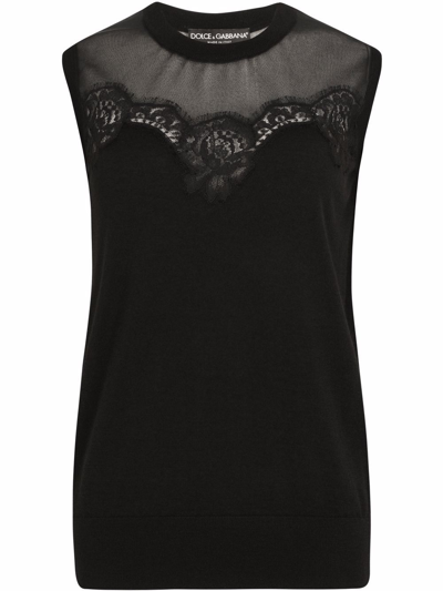 Dolce & Gabbana Sleeveless Cashmere And Silk Sweater With Lace In Black