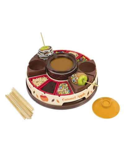 Nostalgia Lazy Susan Chocolate Caramel Apple Party With Heated Fondue Pot, 25 Sticks, Decorating And Toppings In Brown