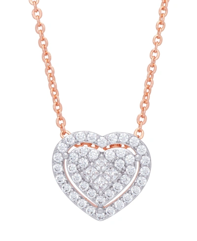 Macy's Cubic Zirconia Heart Necklace In Fine Rose Gold Plate Or Fine Silver Plate In Rose Gold Plated