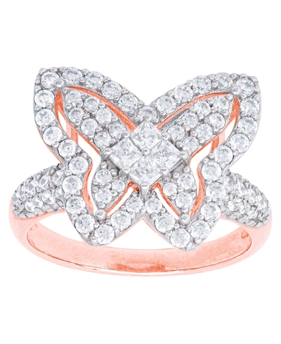 Macy's Cubic Zirconia Butterfly Ring In Fine Rose Gold Plate Or Fine Silver Plate In Rose Gold Plated