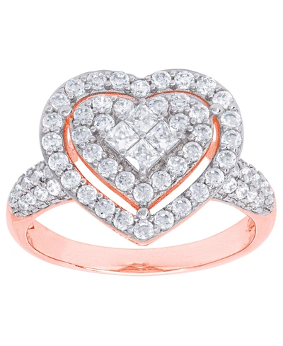 Macy's Cubic Zirconia Heart Halo Ring In Fine Rose Gold Plate Or Fine Silver Plate In Rose Gold Plated