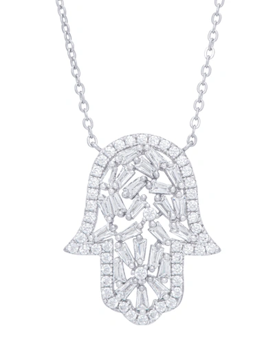 Macy's Cubic Zirconia Hamsa Hand Necklace In Fine Silver Plate In Silver Plated
