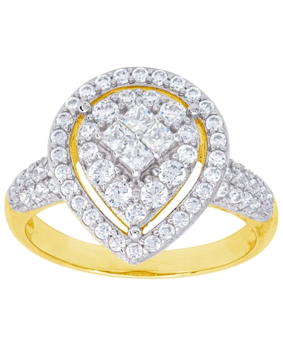 Macy's Cubic Zirconia Pear Halo Ring In Fine Gold Plate Or Fine Silver Plate In Gold Plated