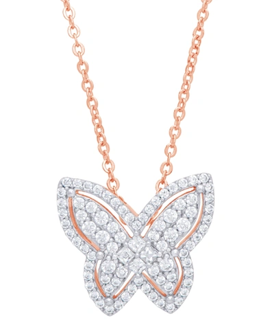 Macy's Cubic Zirconia Butterfly Necklace In Fine Rose Gold Plate Or Fine Silver Plate In Rose Gold Plated