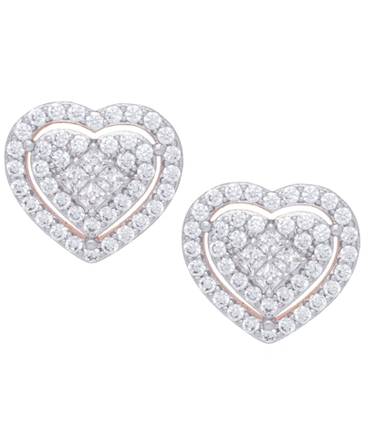 Macy's Cubic Zirconia Heart Earrings In Fine Rose Gold Plate Or Fine Silver Plate In Rose Gold Plated