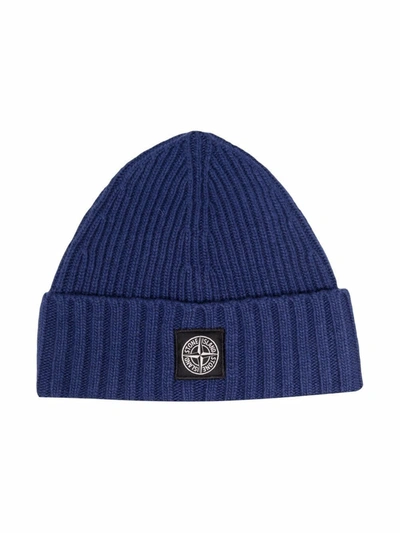 Stone Island Junior Kids' Compass Knitted Beanie In Blue