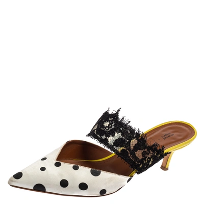 Pre-owned Malone Souliers By Emanuel Ungaro White/black Polka Dot Satin And Lace Maisie Pointed Toe Mules Size 38