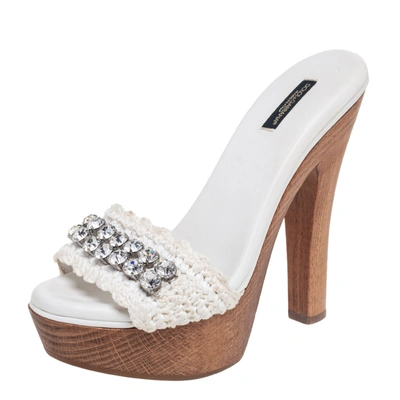 Pre-owned Dolce & Gabbana White Crochet Fabric Crystal Embellished Wooden Platform Sandals Size 38