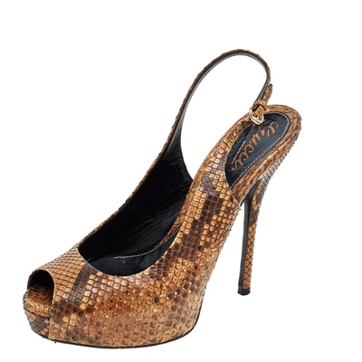 Pre-owned Gucci Brown Python Leather Slingback Sandals Size 37.5