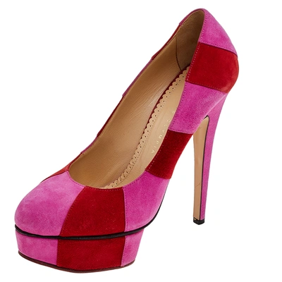 Pre-owned Charlotte Olympia Pink/red Suede Striped Priscilla Platform Pumps Size 38