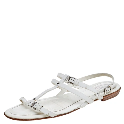 Pre-owned Tod's White Leather Strappy Flat Sandals Size 38.5