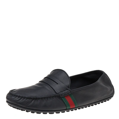 Pre-owned Gucci Black Leather Web Detail Slip On Loafers Size 43.5