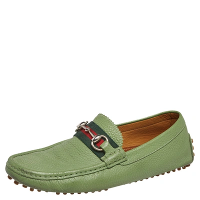 Pre-owned Gucci Green Leather Horsebit Slip On Loafers Size 40