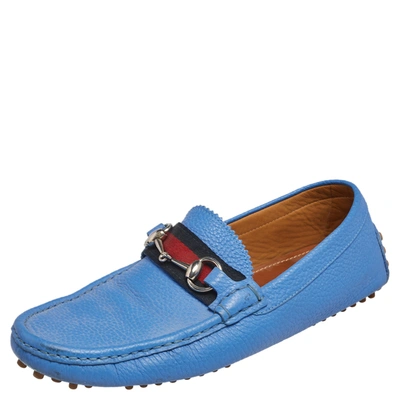 Pre-owned Gucci Blue Leather Horsbit Web Trim Loafers Size 40