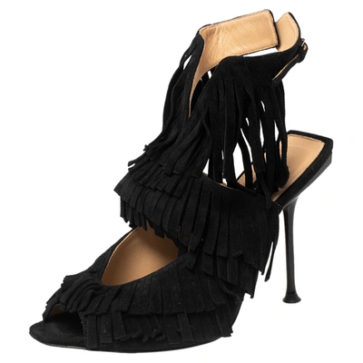 Pre-owned Sergio Rossi Black Suede Cut Out Fringe Sandals Size 38