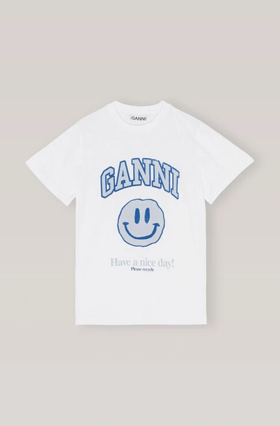 GANNI GANNI BASIC COTTON JERSEY O-NECK BLUE SMILEY RELAXED T-SHIRT BRIGHT WHITE SIZE S 