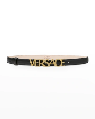 Versace Logo-embellished Skinny Belt In Black Gold