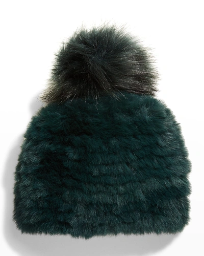 Jocelyn Faux-fur Knit Beanie W/ Pompom In Dark Teal