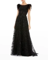 Mac Duggal Feather-sleeve Sequin A-line Gown In Black