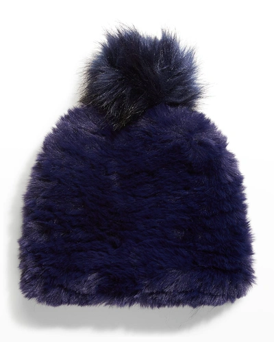 Jocelyn Faux-fur Knit Beanie W/ Pompom In Navy