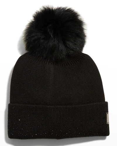 Gorski Crystal Knit Beanie W/ Fur Pompom In Black