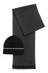 HUGO BOSS LOGO-BADGE SCARF AND HAT SET IN VIRGIN WOOL- BLACK MEN'S SCARVES