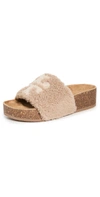 Tory Burch Double T Genuine Shearling Platform Slide Sandal In Almond Flour/buttermilk/cork