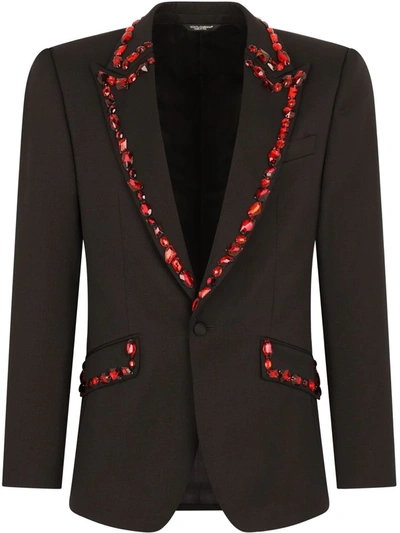 Dolce & Gabbana Sicilia Crystal Embellished Evening Wool Blazer In Black