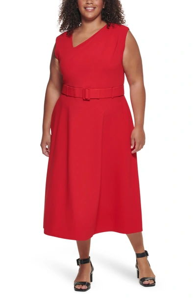 Calvin Klein Asymmetrical Neck Belted Fit Flare Midi Dress In Red