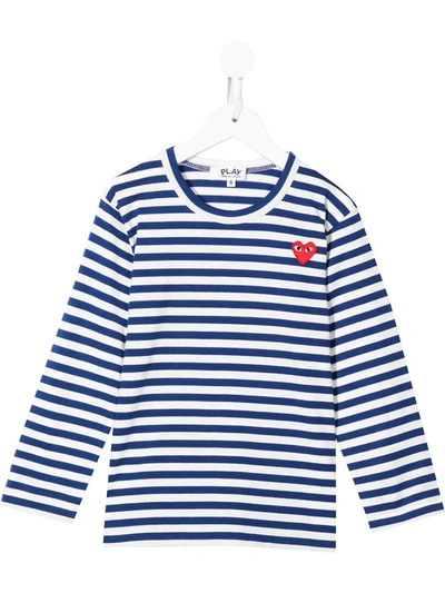 Comme Des Garçons Play White And Electric Blue Striped T-shirt For Boy With Heart In Light Blue