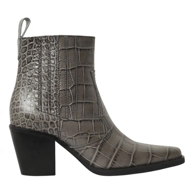 Pre-owned Ganni Leather Ankle Boots In Grey