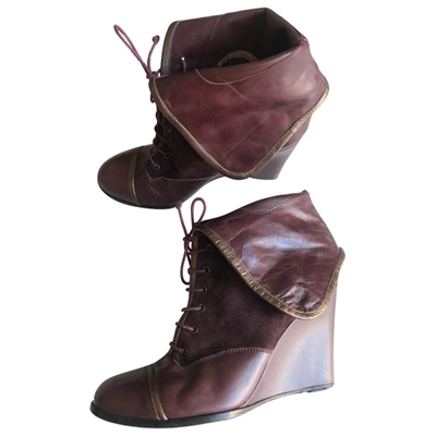 Pre-owned Bimba Y Lola Leather Lace Up Boots In Burgundy