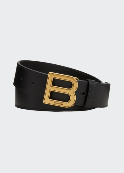 Balenciaga Men's Hourglass Large Leather B-buckle Belt In Black