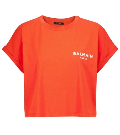 Balmain Cropped Flocked-logo Short-sleeve T-shirt In Orange