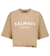 Balmain Logo Cropped Cotton T-shirt In Sand